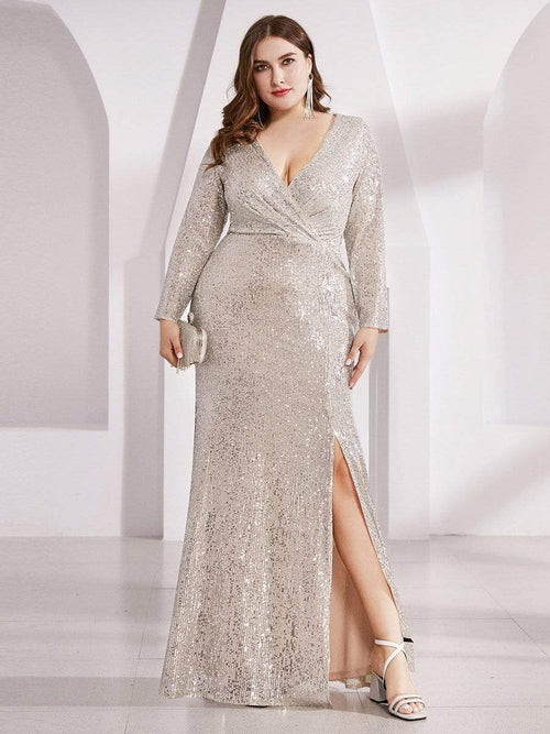 Plus size slim fit sexy deep V-neck sequin tight fitting formal evening dress