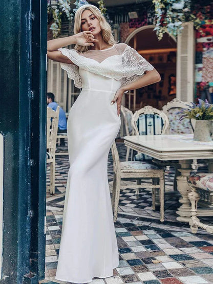 Sweet and sexy ruffle edge sleeve collar wedding dress