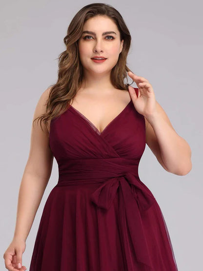 Plus size elegant and sexy double V-neck Maxi sheer bridesmaid dress