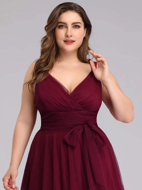 Plus size elegant and sexy double V-neck Maxi sheer bridesmaid dress