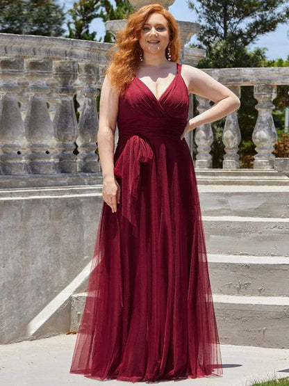 Plus size elegant and sexy double V-neck Maxi sheer bridesmaid dress