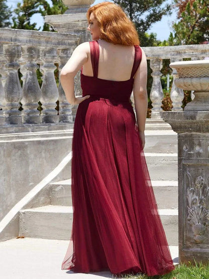 Plus size elegant and sexy double V-neck Maxi sheer bridesmaid dress