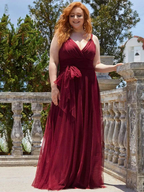 Plus size elegant and sexy double V-neck Maxi sheer bridesmaid dress
