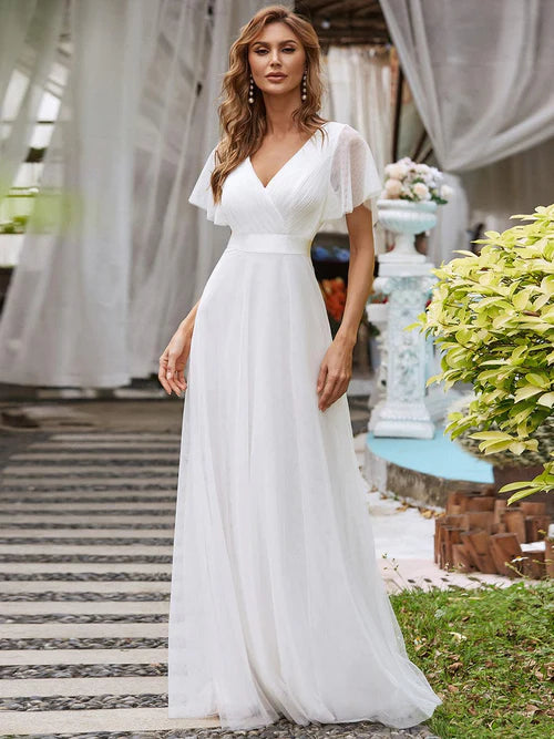 Customized size double V-neck floor mop short sleeved sheer wedding dress