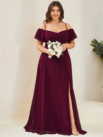 Plus size elegant cold shoulder side slit formal bridesmaid dress