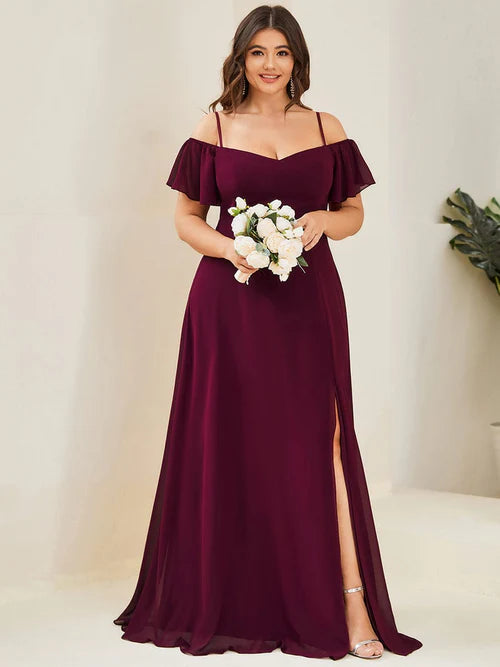 Plus size elegant cold shoulder side slit formal bridesmaid dress