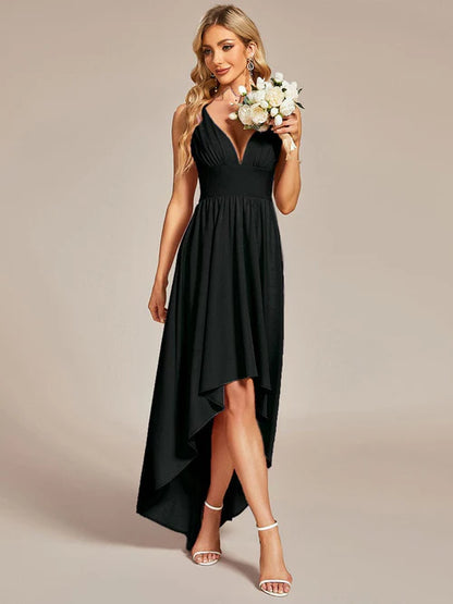 Elegant and sexy high and low sleeved imperial waist bridesmaid dress