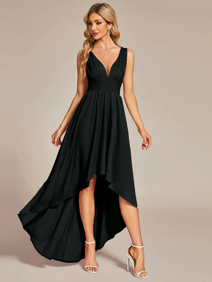 Elegant and sexy high and low sleeved imperial waist bridesmaid dress