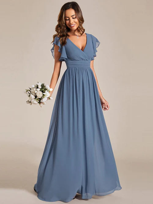 Sexy back hollowed out A-line pleated ruffle sleeve chiffon bridesmaid skirt