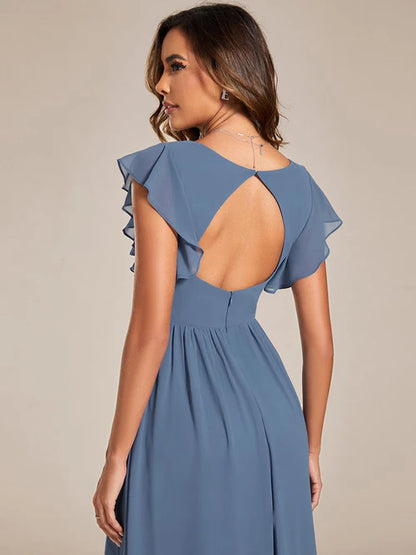 Sexy back hollowed out A-line pleated ruffle sleeve chiffon bridesmaid skirt