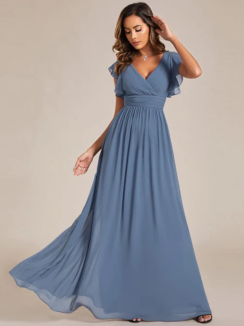 Sexy back hollowed out A-line pleated ruffle sleeve chiffon bridesmaid skirt