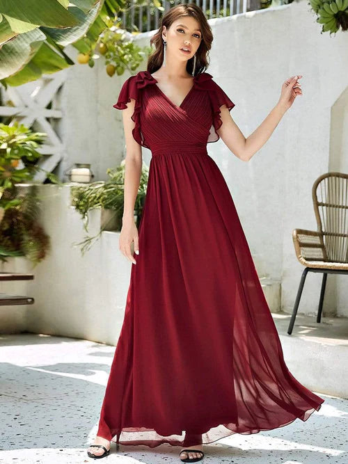 Elegant pleated ruffled sleeves chiffon bridesmaid evening gown