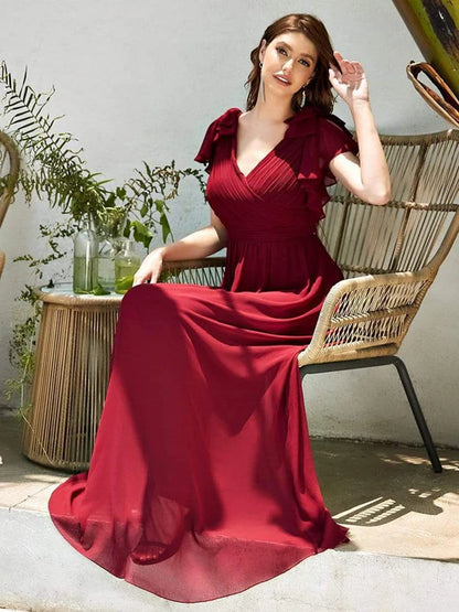 Elegant pleated ruffled sleeves chiffon bridesmaid evening gown
