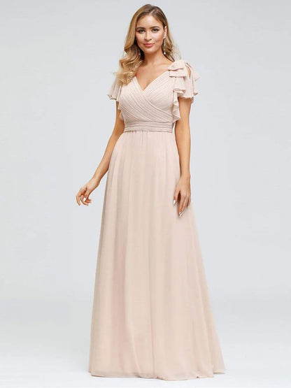 Elegant pleated ruffled sleeves chiffon bridesmaid evening gown