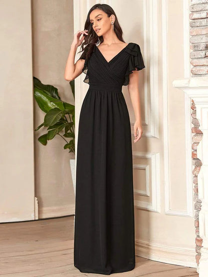 Elegant pleated ruffled sleeves chiffon bridesmaid evening gown