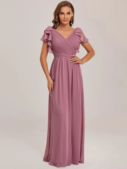Elegant pleated ruffled sleeves chiffon bridesmaid evening gown