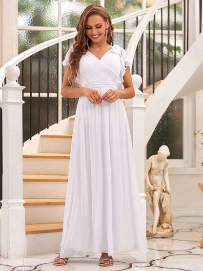 Elegant pleated ruffled sleeves chiffon bridesmaid evening gown