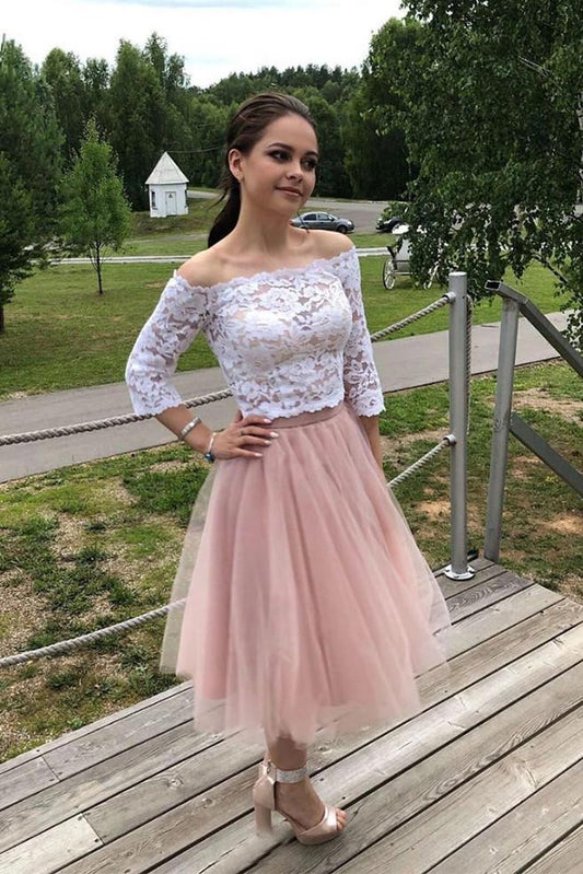 Elegant Lace Up Off Shoulder Short sheer Ball Two Piece Dress