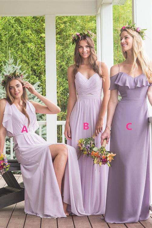 Elegant A-line chiffon long style mismatched with modern purple bridesmaid dress