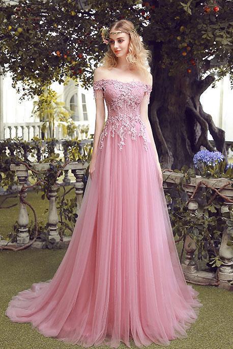 Elegant and Sweet A-line Off Shoulder Lace up Long Pink Lace up Tulle Ball Dress