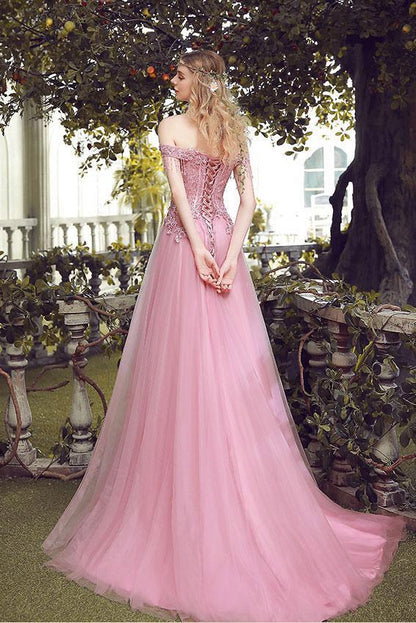 Elegant and Sweet A-line Off Shoulder Lace up Long Pink Lace up Tulle Ball Dress