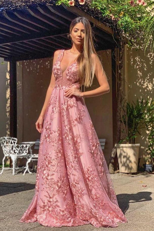 Elegant A-line pink lace inlaid round neck halter gown