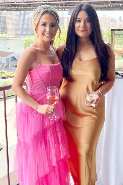 Elegant A-line Pink Italian Strap Layered sheer Long Ball Dress