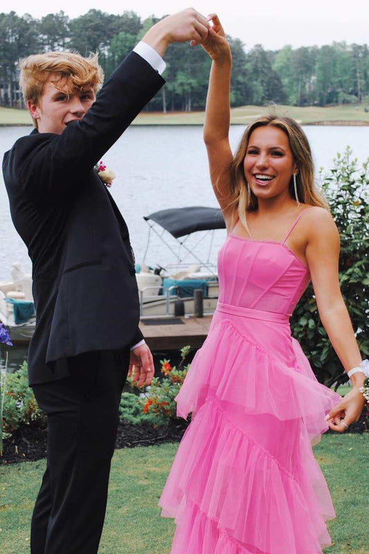 Elegant A-line Pink Italian Strap Layered sheer Long Ball Dress