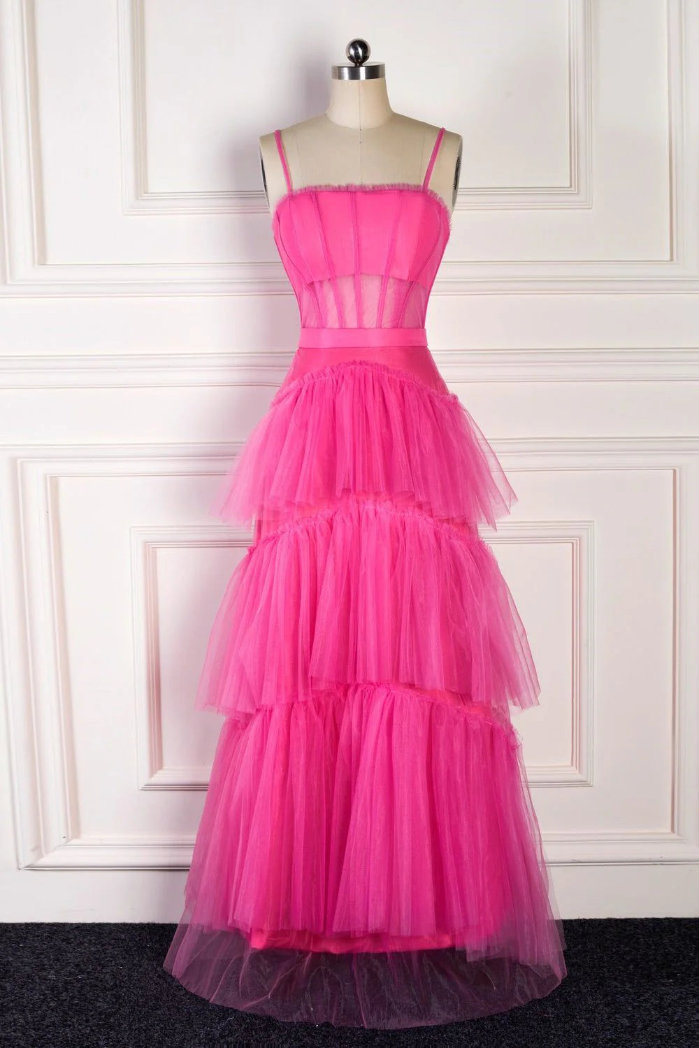 Elegant A-line Pink Italian Strap Layered sheer Long Ball Dress
