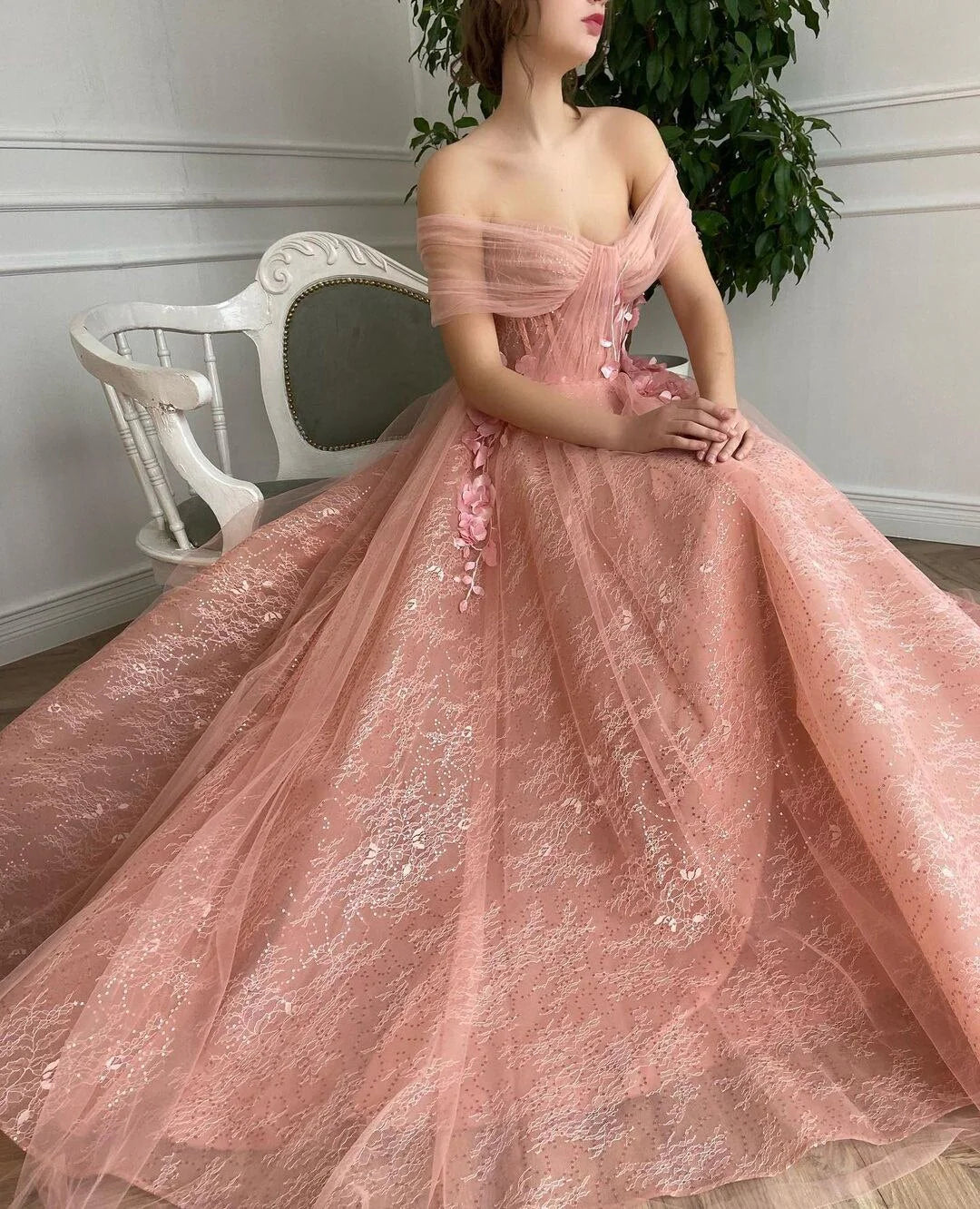 Elegant A-line Pink Tulle Off Shoulder Sweetheart 3D Flower Sleeveless Ball Evening Dress