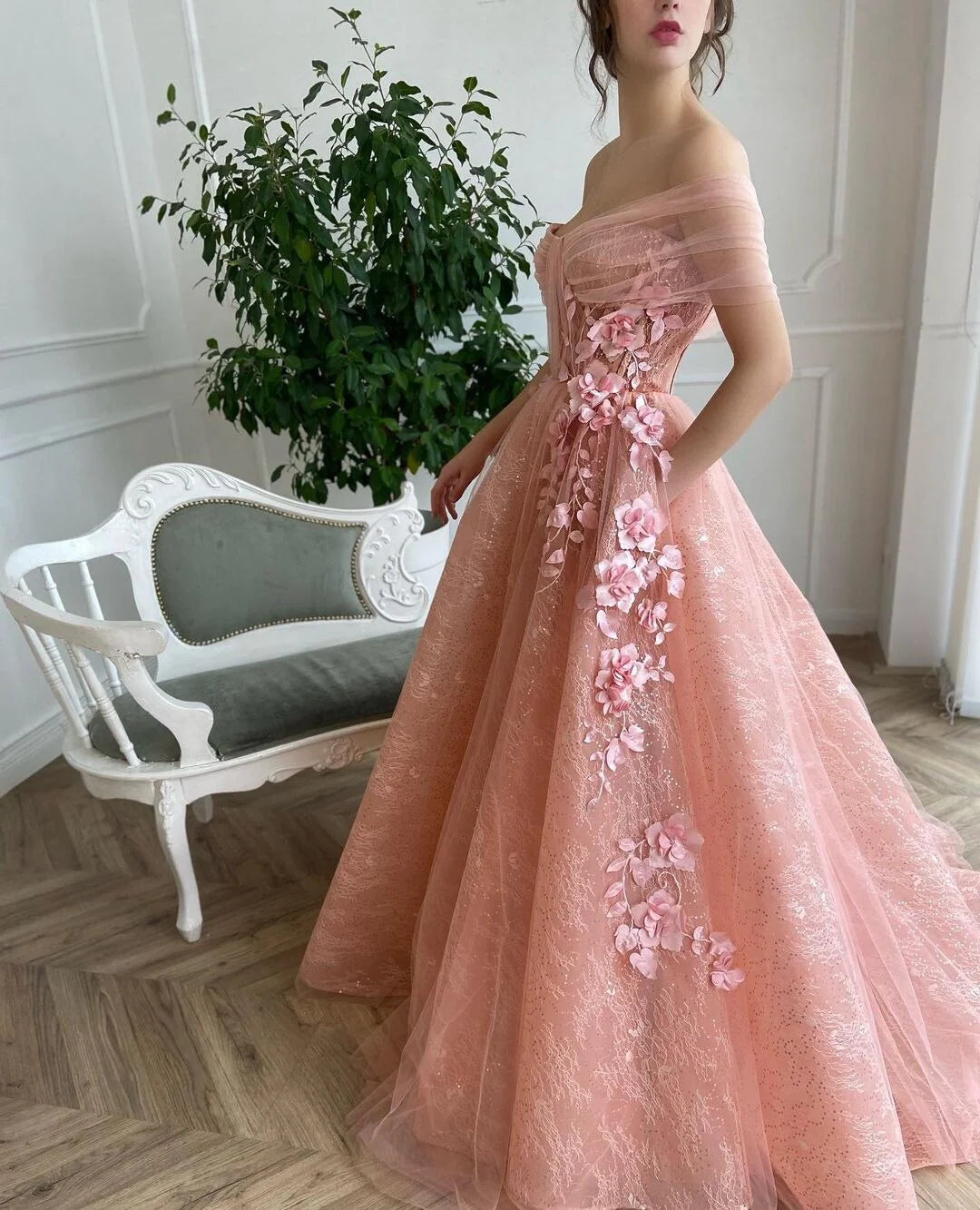 Elegant A-line Pink Tulle Off Shoulder Sweetheart 3D Flower Sleeveless Ball Evening Dress