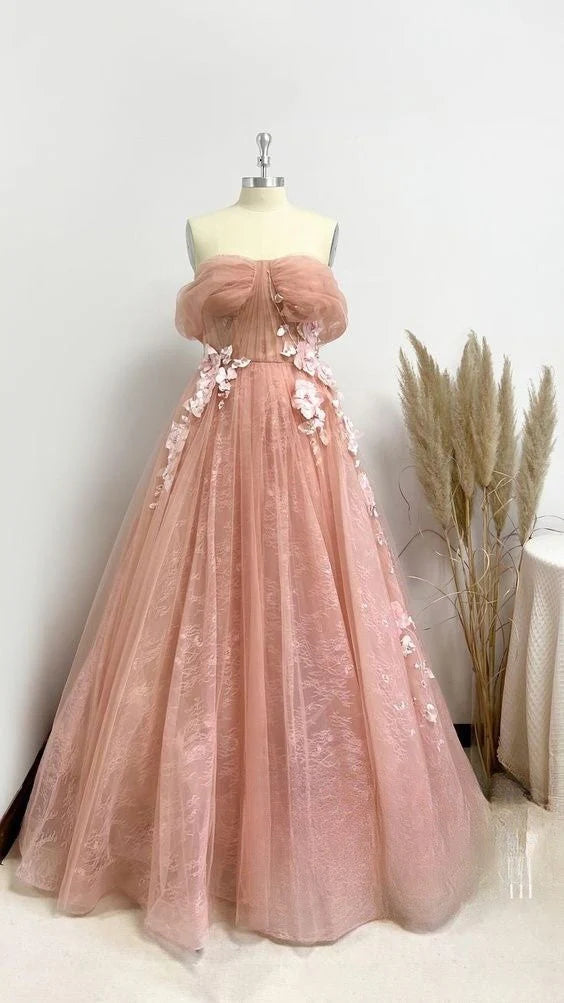 Elegant A-line Pink Tulle Off Shoulder Sweetheart 3D Flower Sleeveless Ball Evening Dress