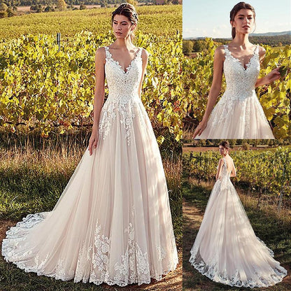 Elegant A-line sleeveless V-neck sheer lace inlaid wedding dress