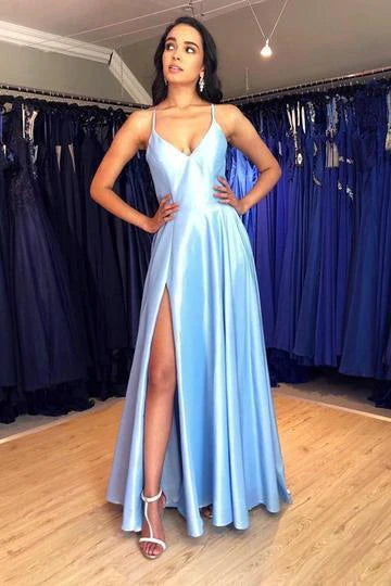 Elegant A-line Italian floor mop light blue V-neck split ball dress