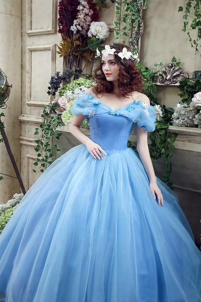 Elegant ball dress off the shoulder dress blue long lace up sweet sheer dress
