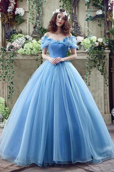 Elegant ball dress off the shoulder dress blue long lace up sweet sheer dress