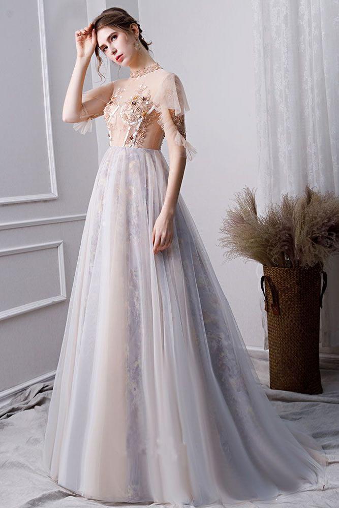 Elegant beaded tulle short sleeved ball dress pink long evening gown