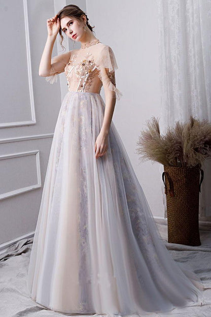 Elegant beaded tulle short sleeved ball dress pink long evening gown
