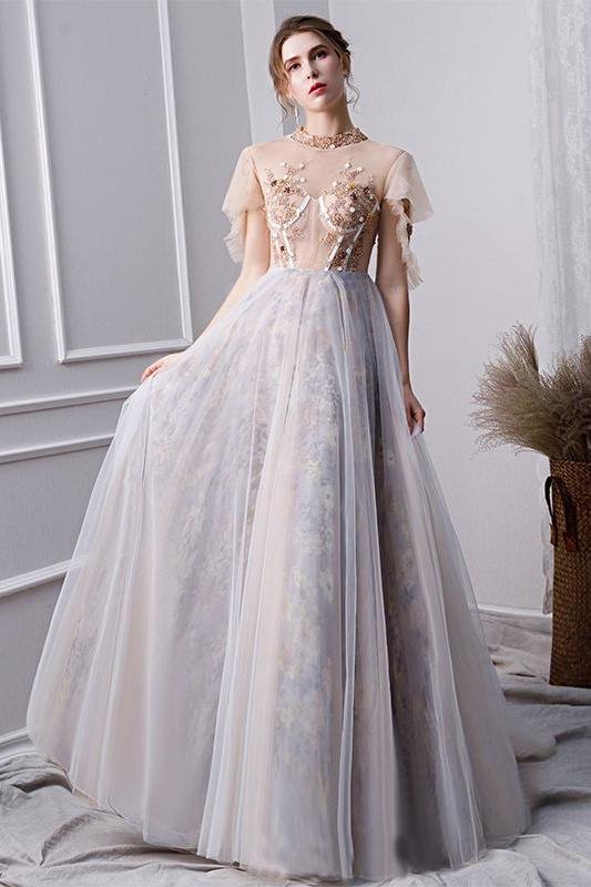 Elegant beaded tulle short sleeved ball dress pink long evening gown