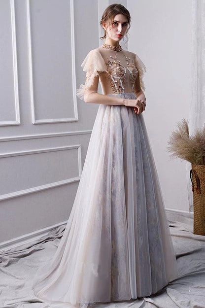 Elegant beaded tulle short sleeved ball dress pink long evening gown