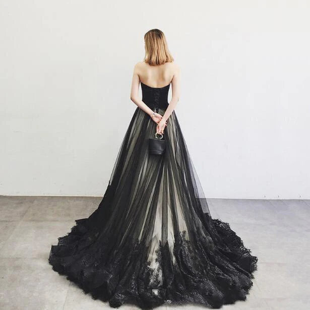 Elegant black A-line sweetheart strapless tulle lace dance dress