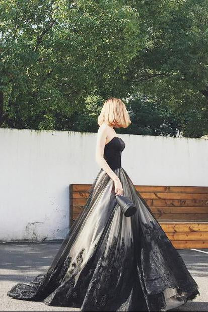 Elegant black A-line sweetheart strapless tulle lace dance dress