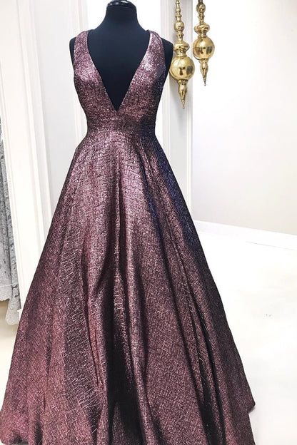 Elegant deep V-neck chocolate brown long ball evening dress