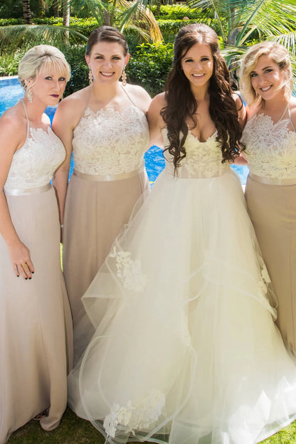 Elegant and Sweet Long Lace Applique Bridesmaid Dress