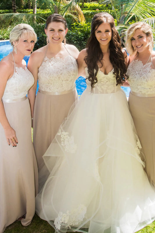 Elegant and Sweet Long Lace Applique Bridesmaid Dress