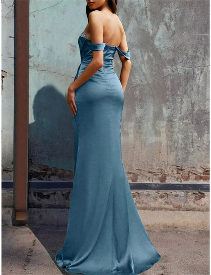 Elegant Off Shoulder Satin Mermaid Split Lotus Edge Ball Party Dress