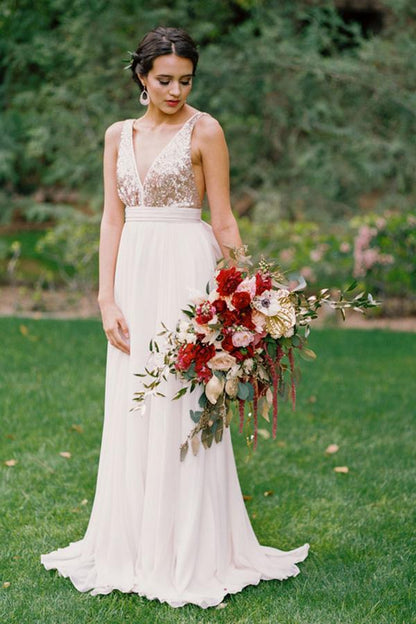 Elegant and noble open back V-neck bow bridesmaid dress