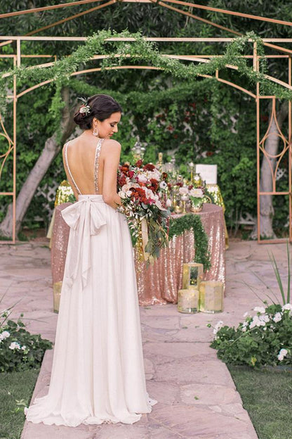Elegant and noble open back V-neck bow bridesmaid dress