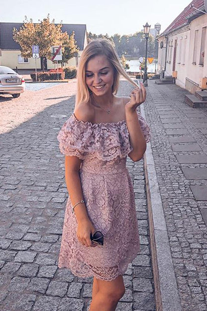 Elegant and elegant pink short sleeve lace homecoming party cocktail dress