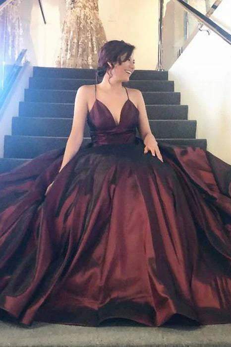 Elegant and simple long ball satin ball gown with deep V-neck and thin straps